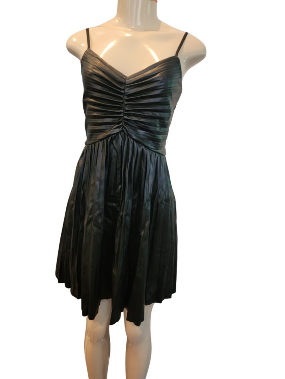 Express Faux Leather V-Neck Pleated Fit And Flare Mini Little Black Dress. - Picture 3 of 15